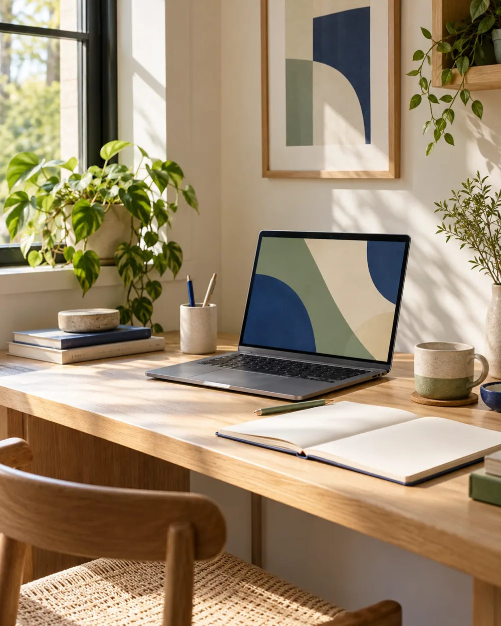 small uncluttered desk with plain laptop and blank planning notebook
