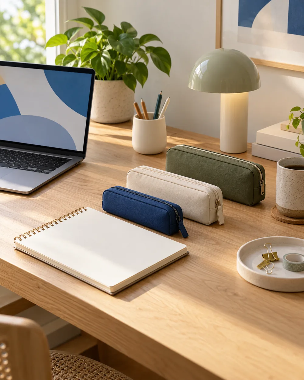 three plain desk accessory cases beside blank review notebook