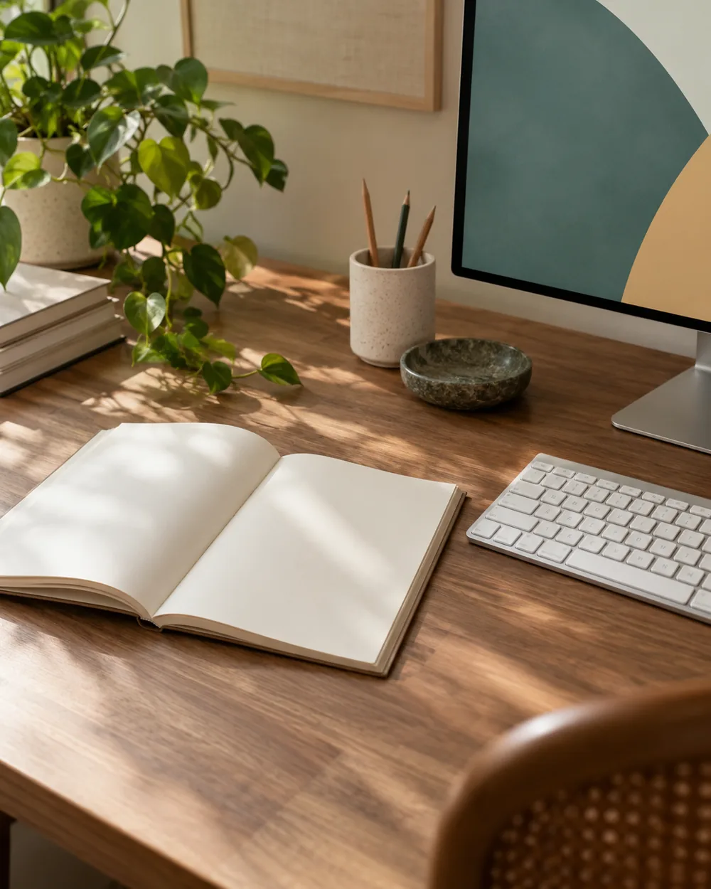 open blank book on left and plain keyboard on right of broad desk