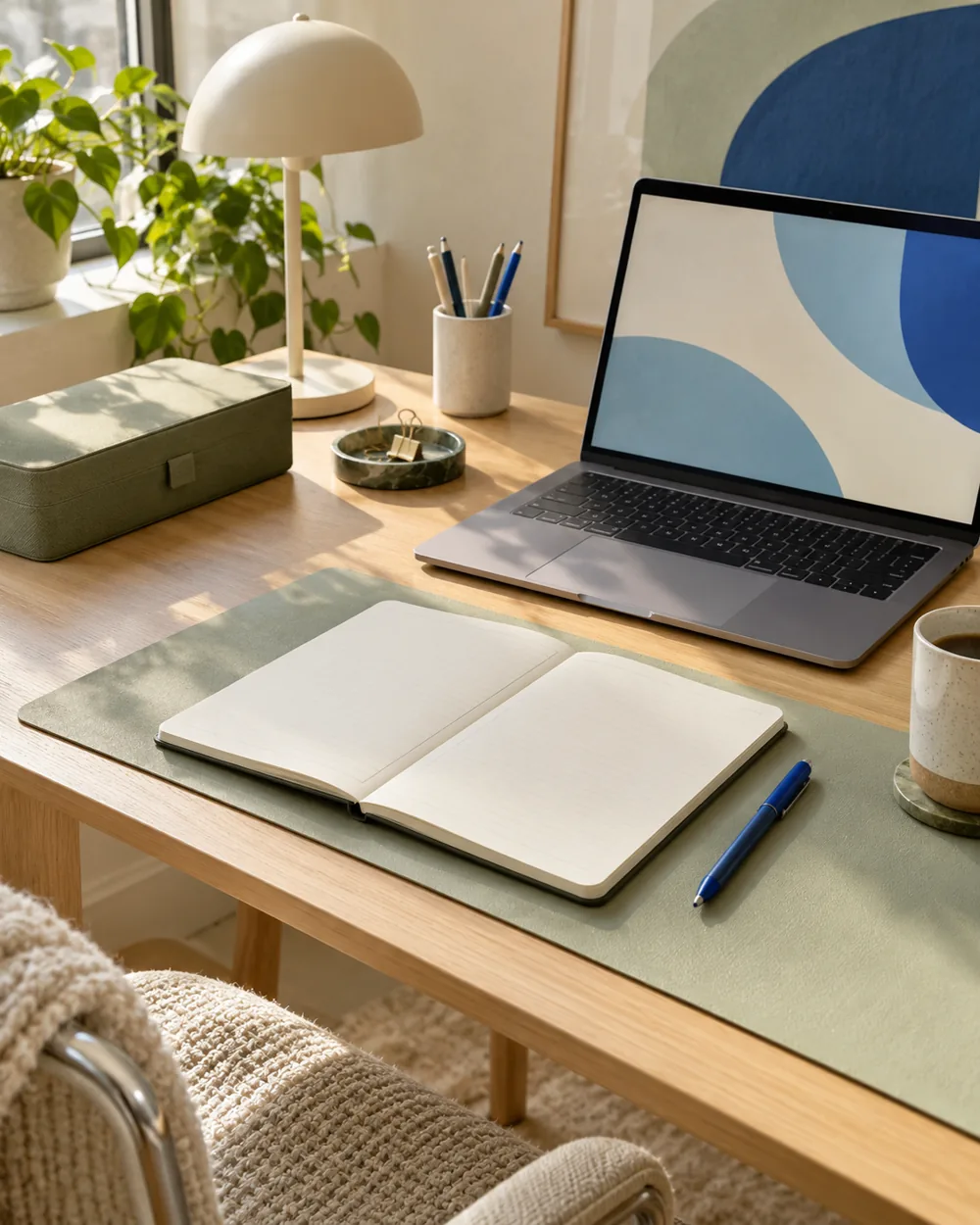 blank two-column notebook beside plain laptop and closed storage case
