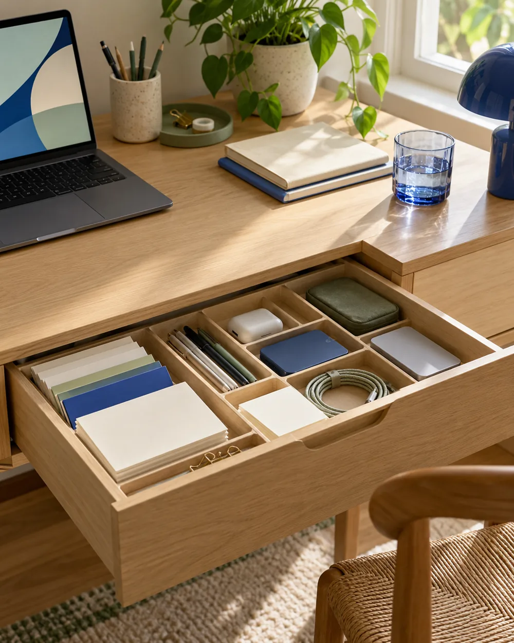 desk drawer with paper cards and closed small devices in separate compartments