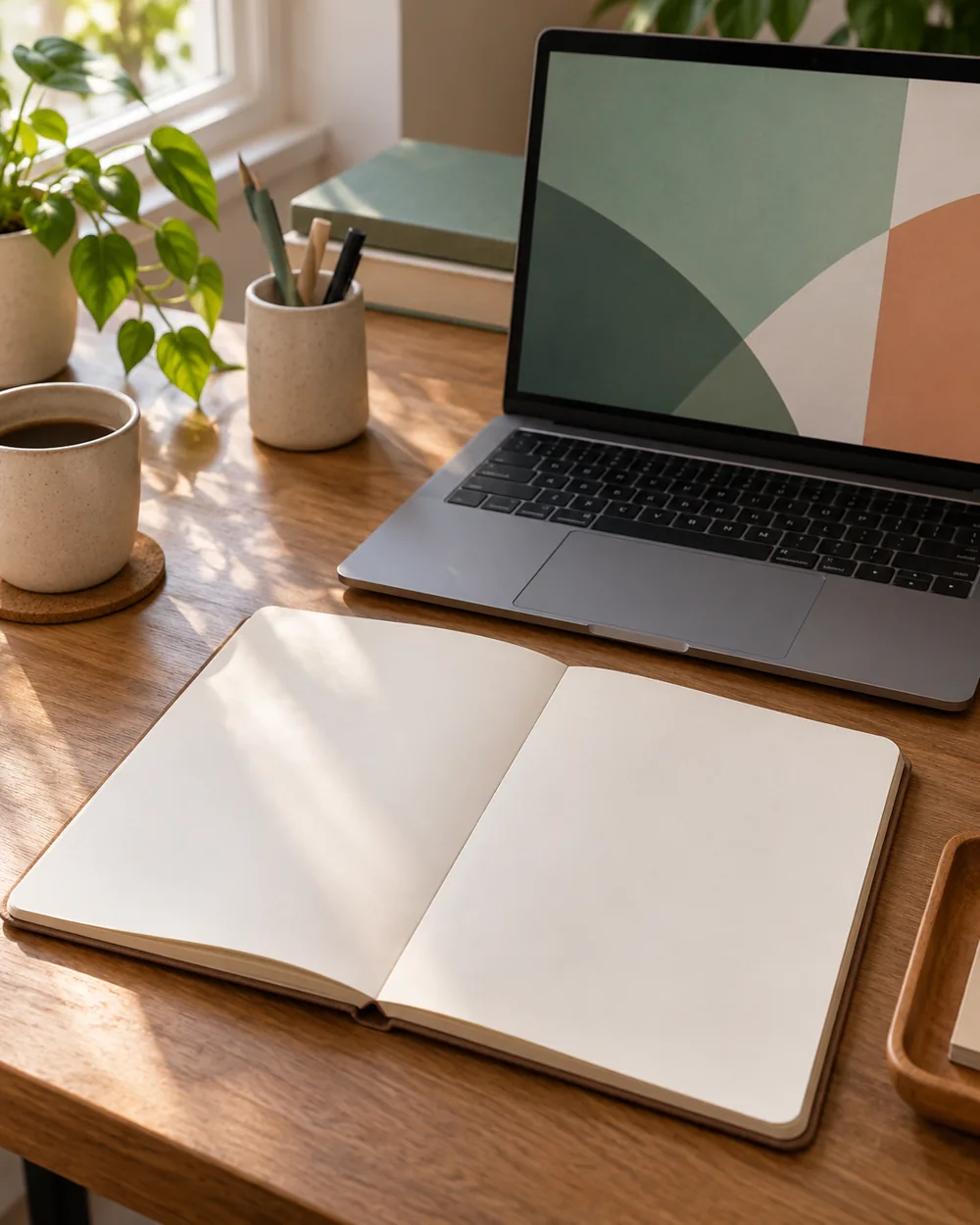 open blank two-column notebook beside plain laptop abstract screen