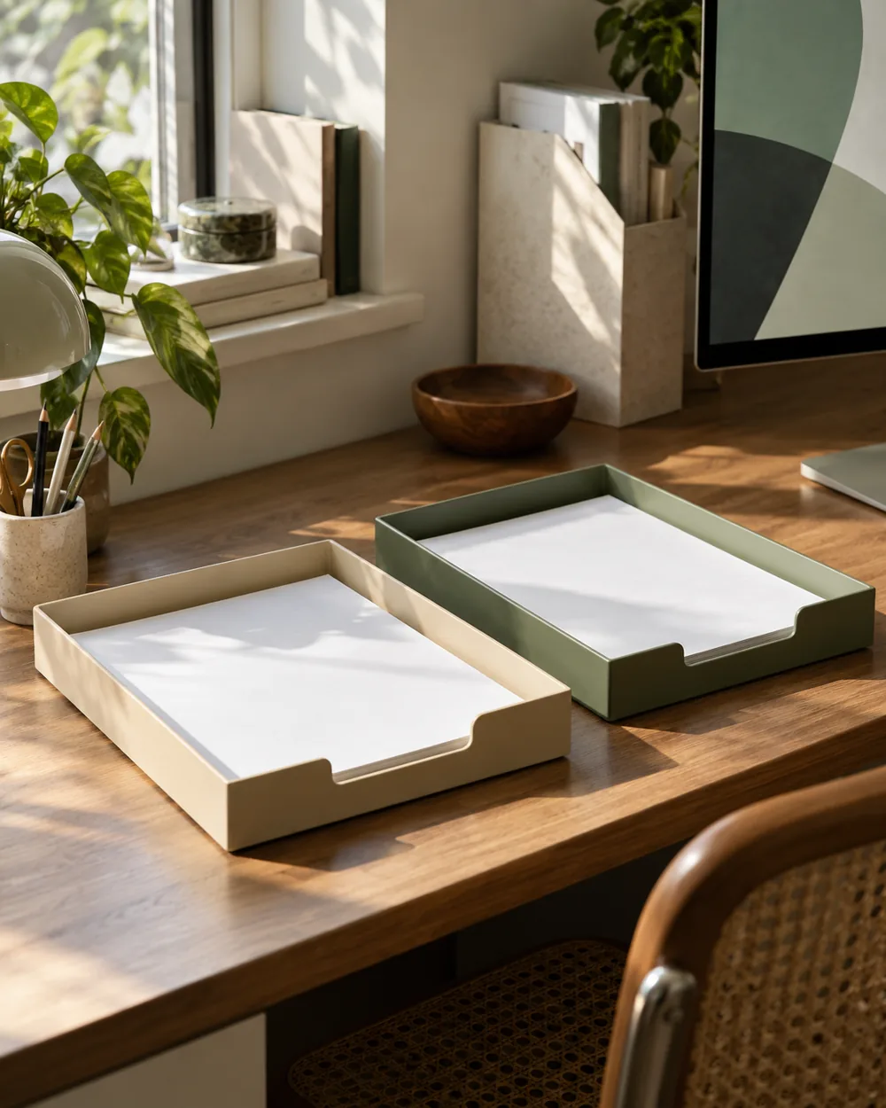 two shallow trays with blank white sheets on desk