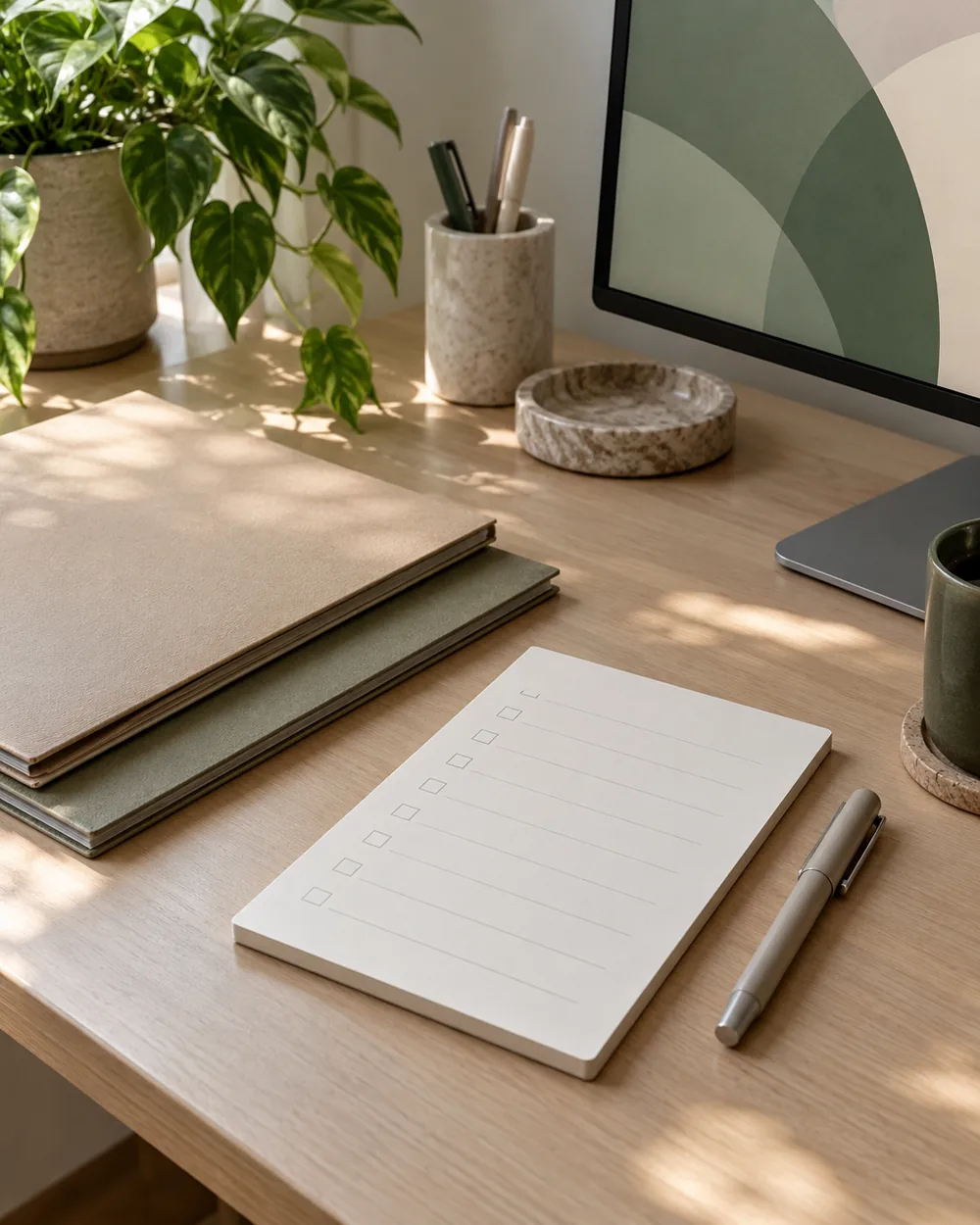 closed neutral folders blank checklist and capped pen on desk