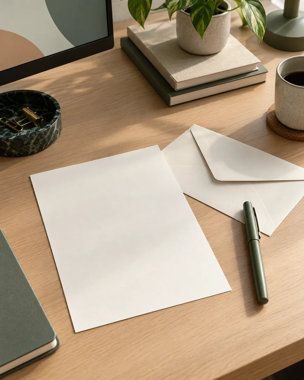 blank letter paper plain envelope and capped pen on clear desk