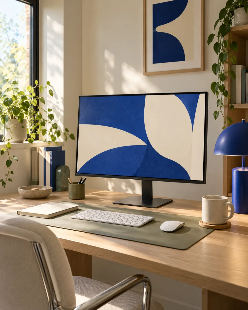 plain monitor displaying abstract cobalt and cream shapes on neutral desk