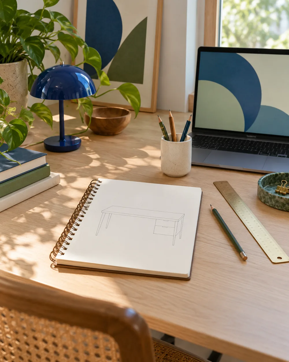 blank simple desk outline on notebook beside plain ruler and pencil