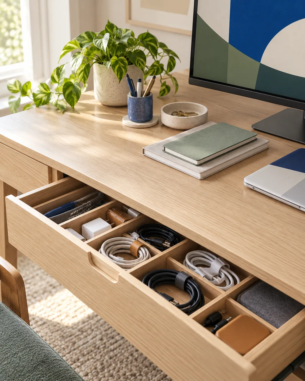 loosely coiled unplugged cables in broad drawer compartments