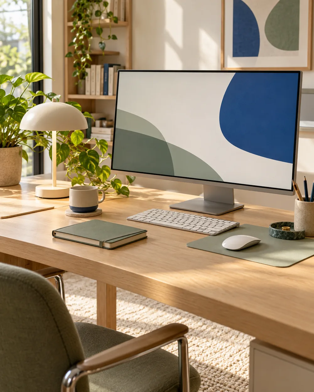 wide clean desk with plain monitor abstract screen and closed notebook
