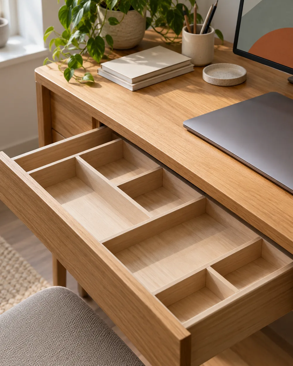 empty plain drawer divider compartments on oak desk