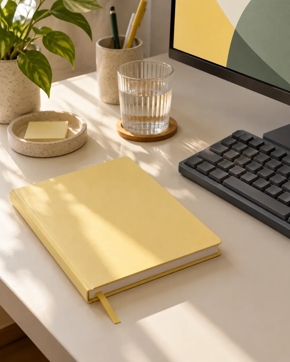 butter yellow notebook beside graphite plain keyboard on ivory desk