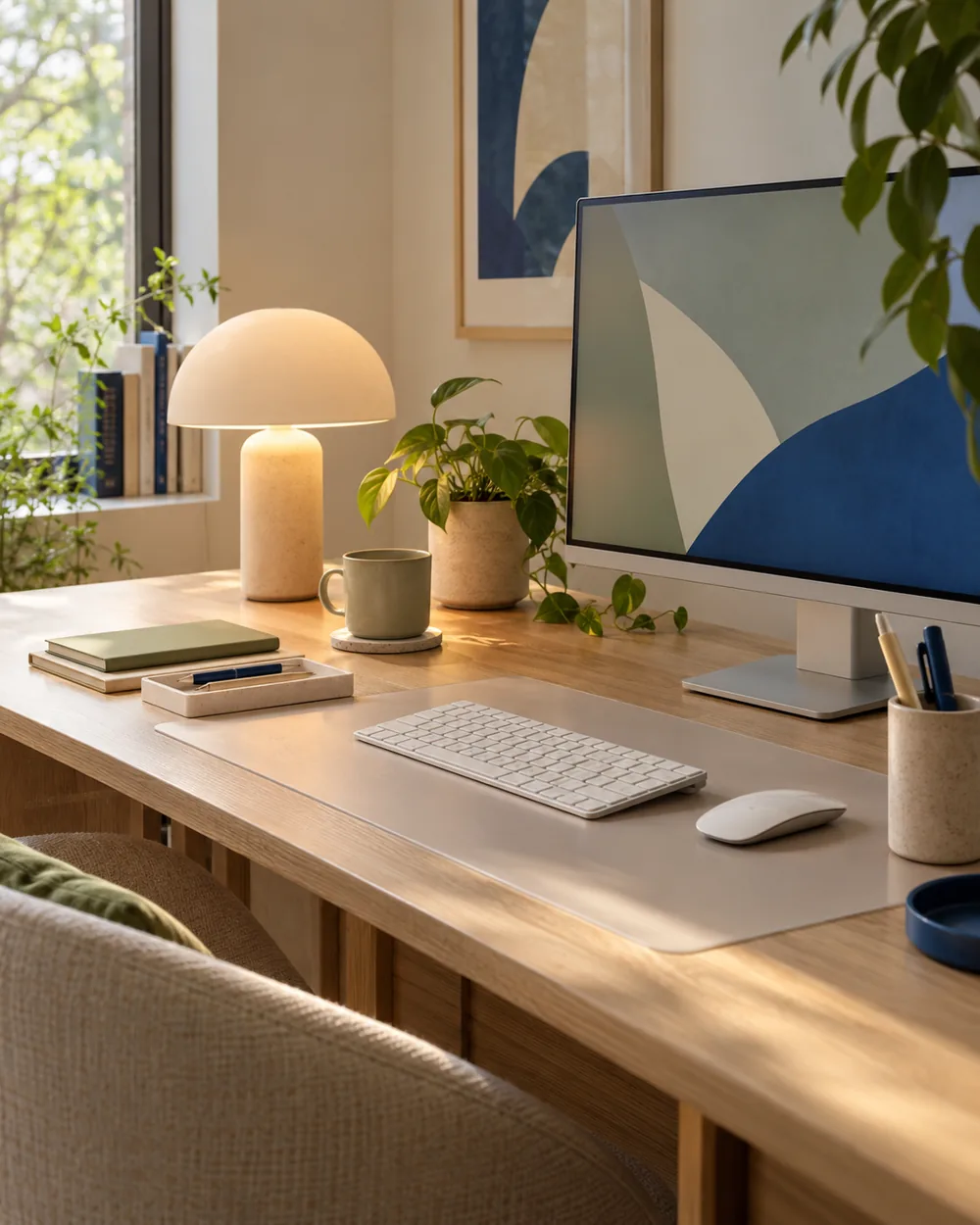 plain table lamp beside clear desk mat and plain monitor