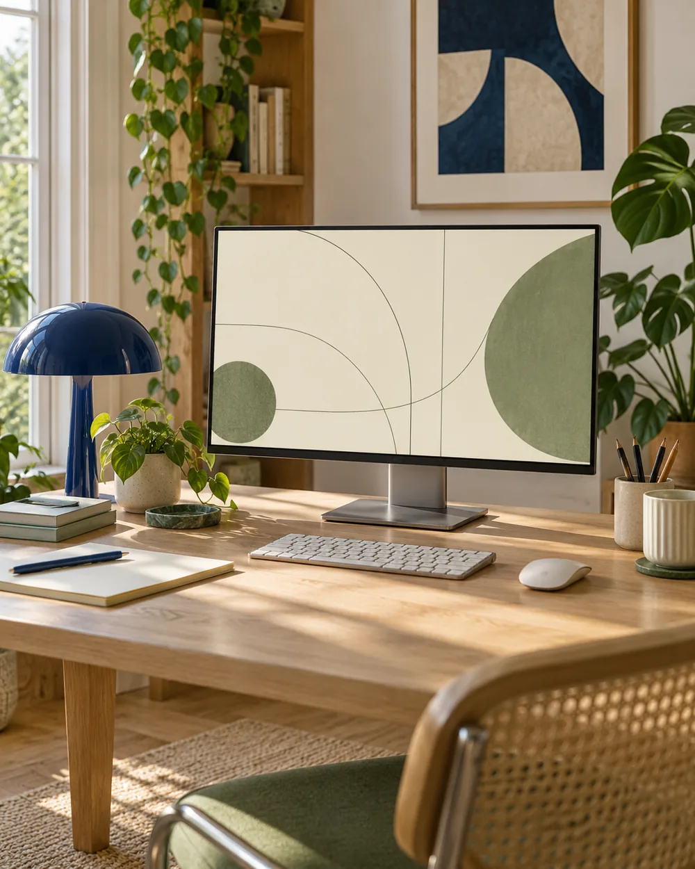 plain monitor displaying thin olive geometric lines on warm ivory background, no text