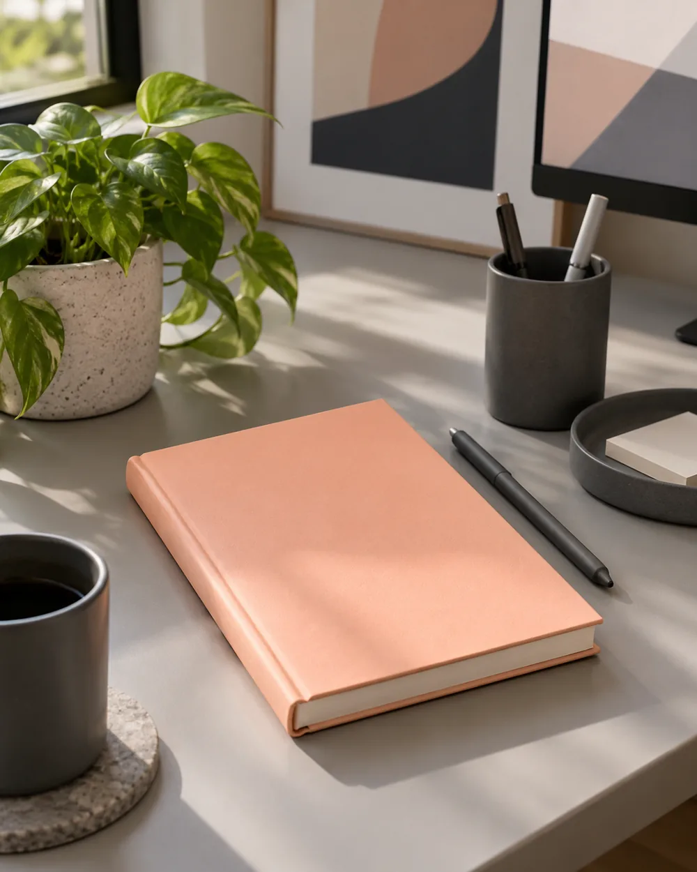 soft peach closed notebook beside slate gray plain desk accessories