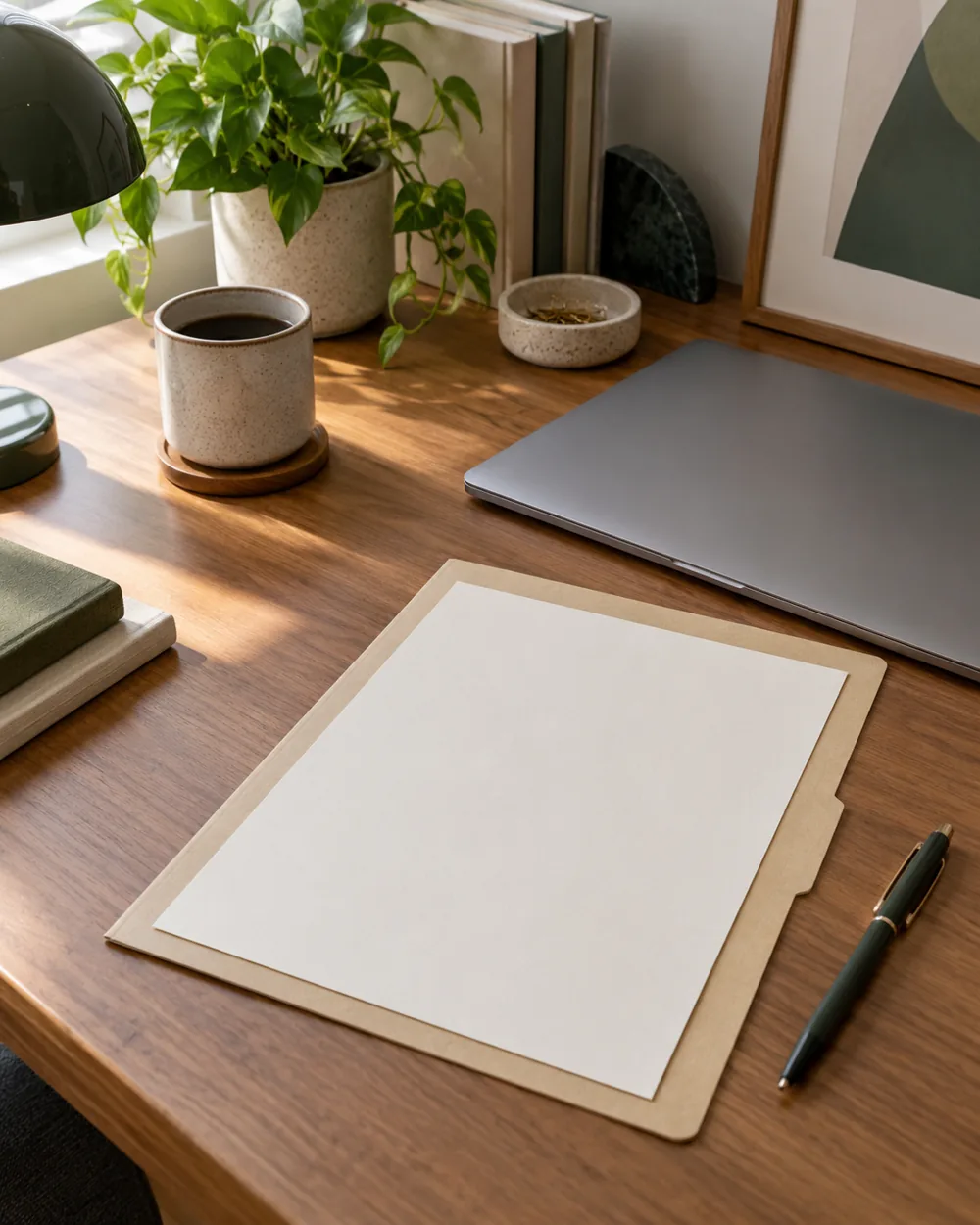 blank cover sheet on plain folder beside closed laptop