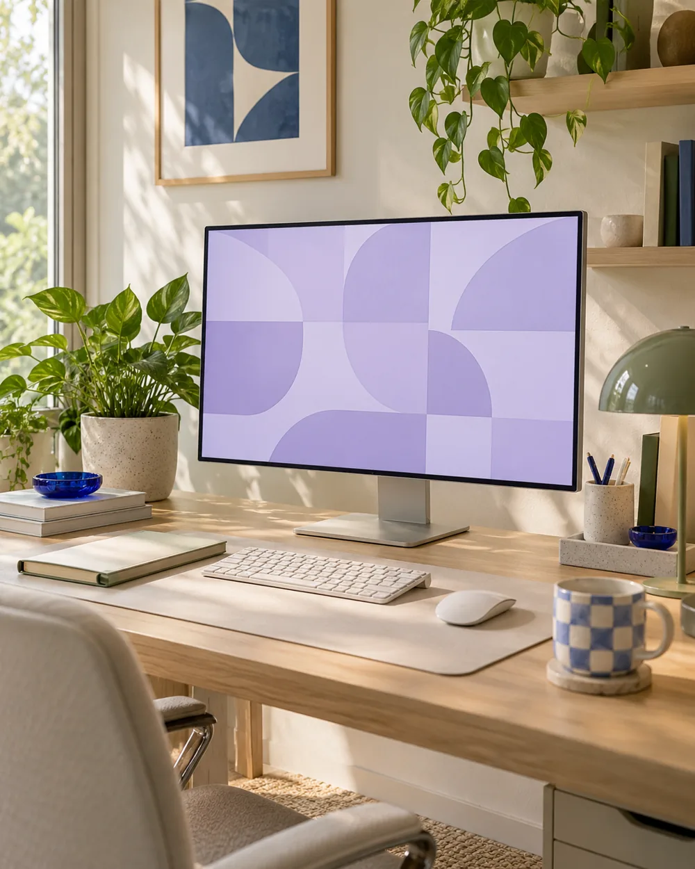 plain monitor displaying restrained lilac geometric tiled pattern, no text