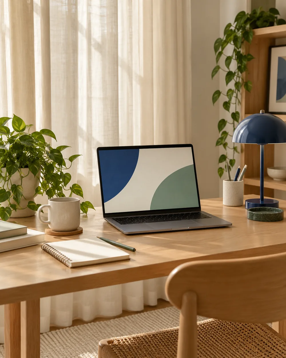 cream curtain behind simple desk and plain laptop
