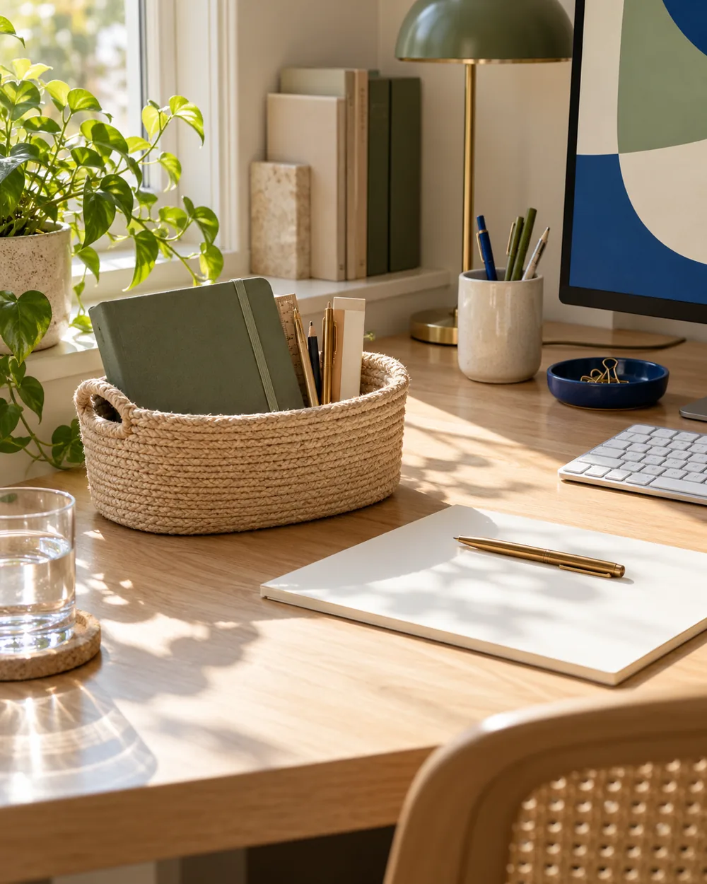 plain basket holding closed notebook and stationery beside clear desk