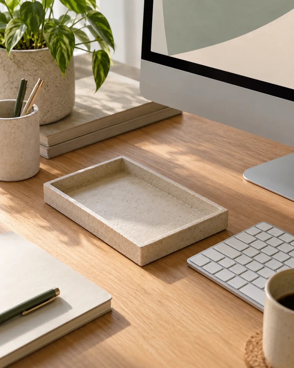 empty shallow rectangular tray beside plain keyboard on desk