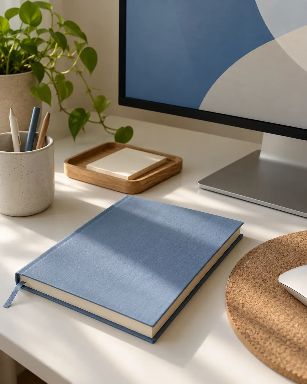 dusty blue notebook and cork mat beside plain monitor abstract screen