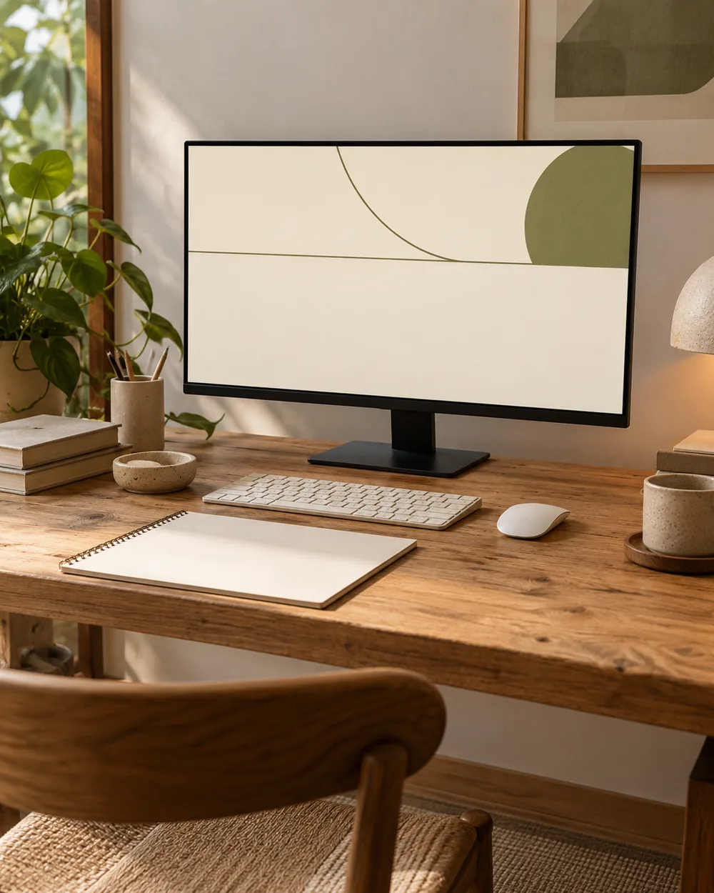 plain monitor showing minimal olive geometric line on cream with plain lower area
