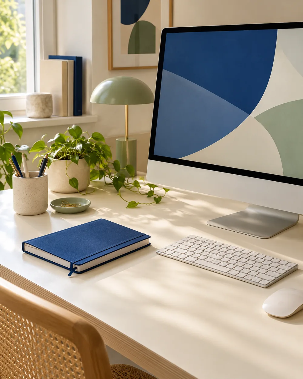 one cobalt notebook beside neutral keyboard on ivory desk, abstract screen