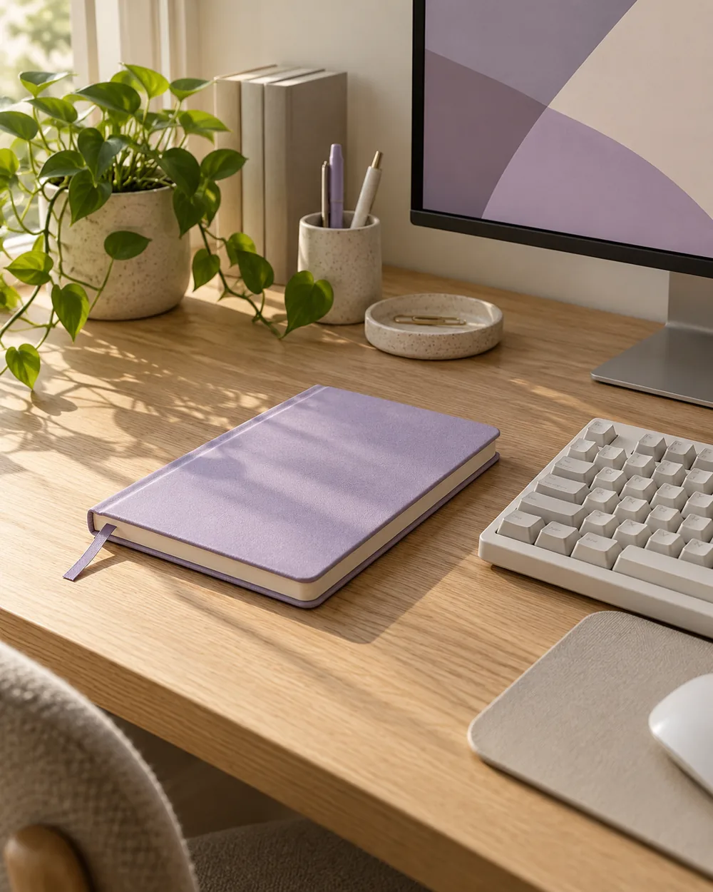 single muted lilac notebook beside neutral keyboard on oak desk