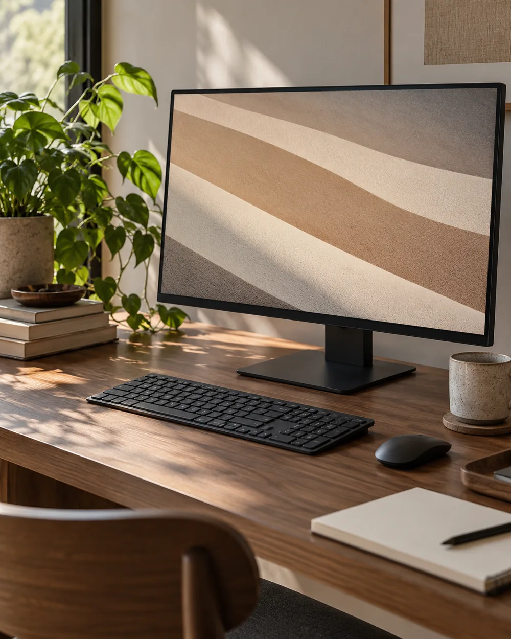 plain monitor showing abstract sand stripes beside dark unbranded keyboard