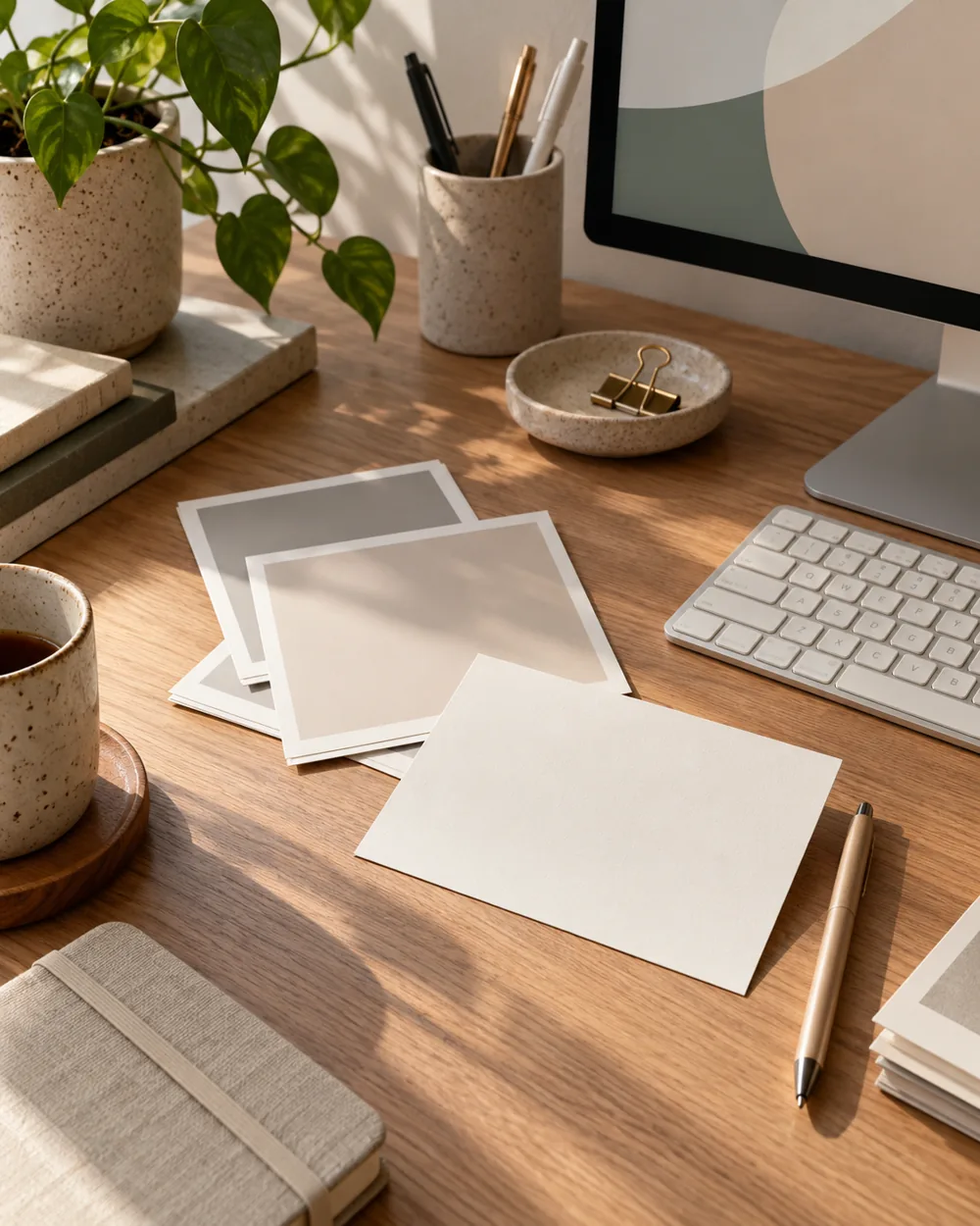 blank caption card beside neutral desk photo cards without printed images